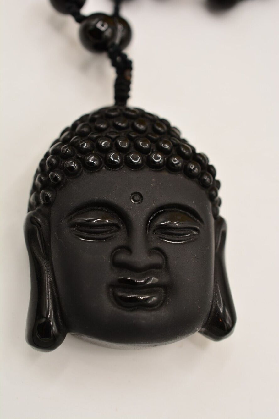 Vintage Lord Buddha Necklace Carved Stone Pendant Heavy Glass Beaded Black BinM